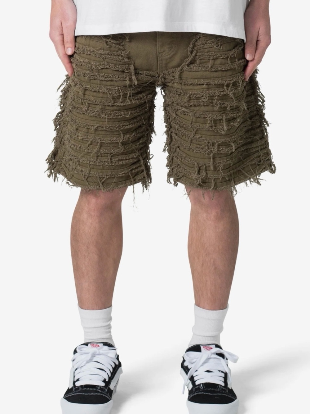 Mnml Allover FrayedMen's Distressed Fringe Cargo Shorts - size 33 Olive-NWT